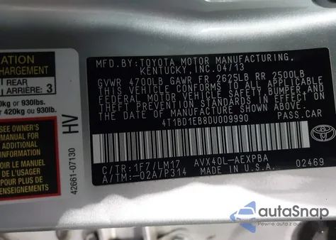 2013 Toyota Avalon Hybrid Limited z USA, uszkodzony, nr VIN 4T1BD1EB8DU009990